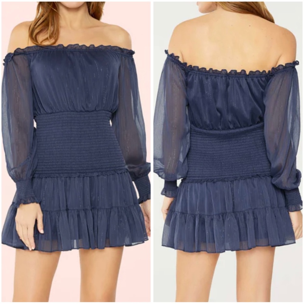 Likely NWT Off-The-Shoulder Sheer Sleeves Smocked Mini Dress